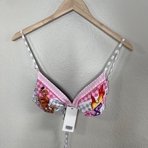 Sprayground Womens Triangle WTF Art Bikini Top Pink Tiger & Flame Print Size L - Picture 2 of 10